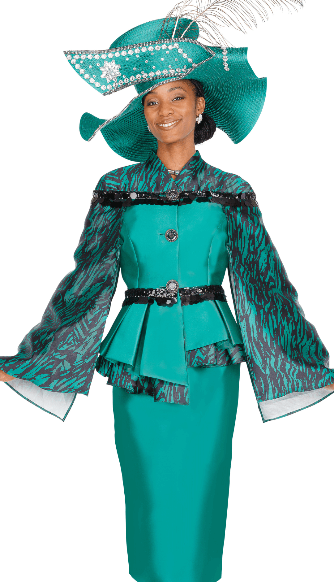 Elegant Skirt Suit: Pleated Peplum, Print Sleeves, Sequin Trim, Rhinestone Buttons - Especially Yours