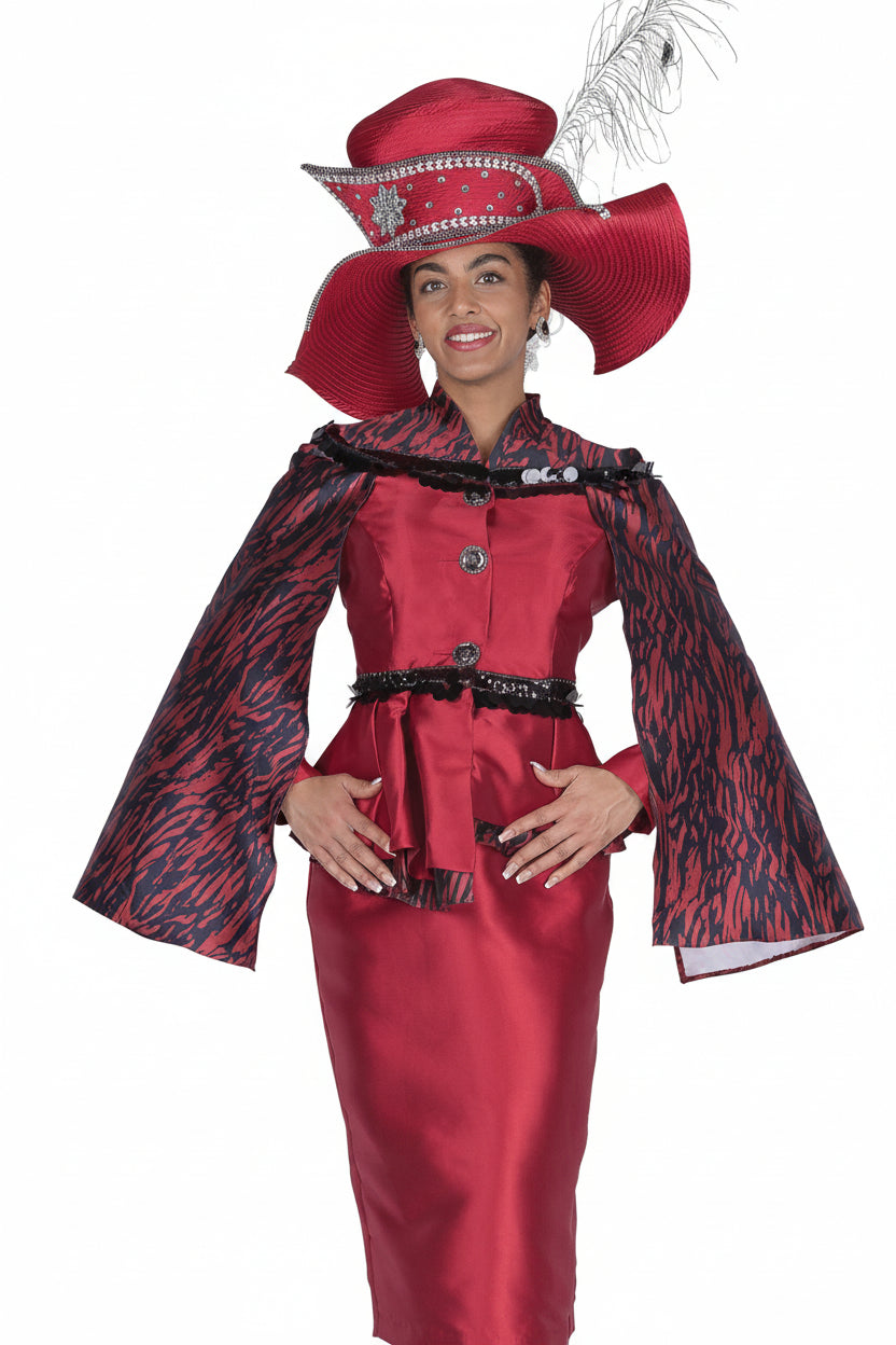 Elegant Skirt Suit: Pleated Peplum, Print Sleeves, Sequin Trim, Rhinestone Buttons
