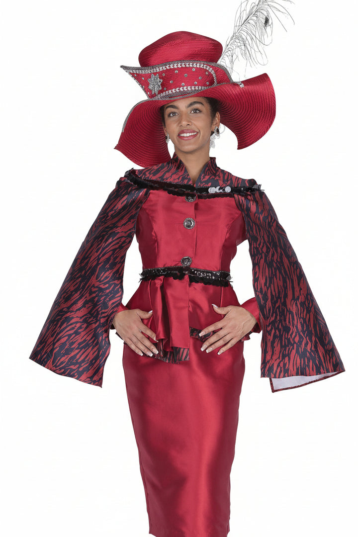 Elegant Skirt Suit: Pleated Peplum, Print Sleeves, Sequin Trim, Rhinestone Buttons