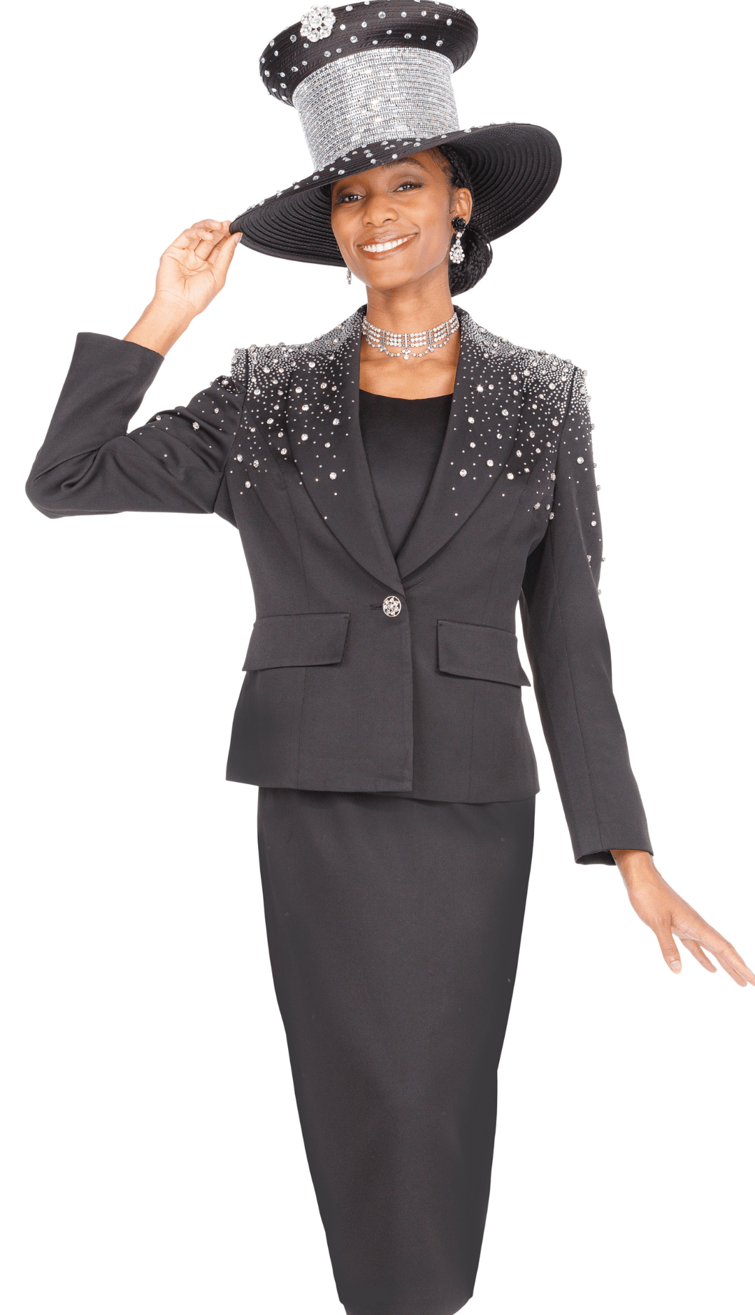 Elegant Elite Champagne Black Skirt Suit: Pearl & Sparkle Trimmed Jacket & Cami - Especially Yours