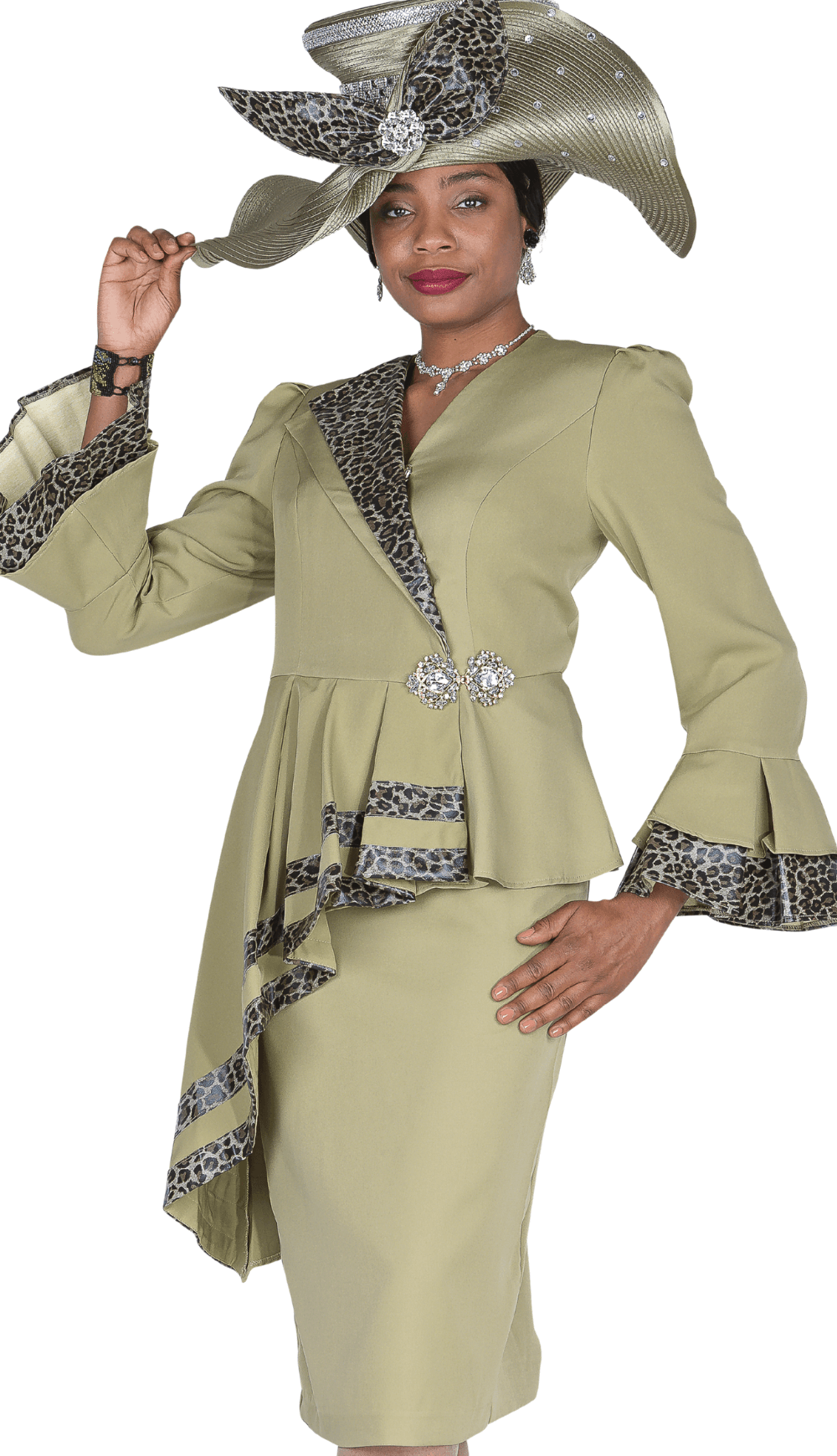 Shop the Elite Champagne animal print skirt suit with high-low peplum and flare sleeves - Especially Yours
