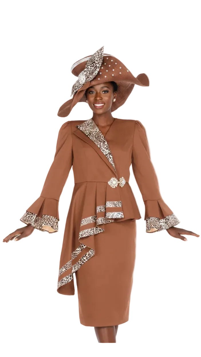 Elite Champagne 6154-BN Brown Animal Print Skirt Suit with Pleated Peplum - Especially Yours