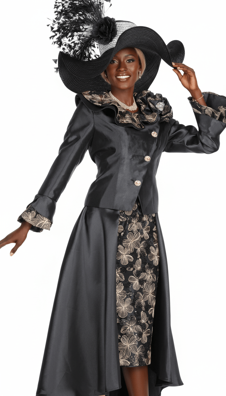 Elegant Black Skirt Suit: Floral Pattern, Ruffle Collar, Flared Sleeves - Especially Yours