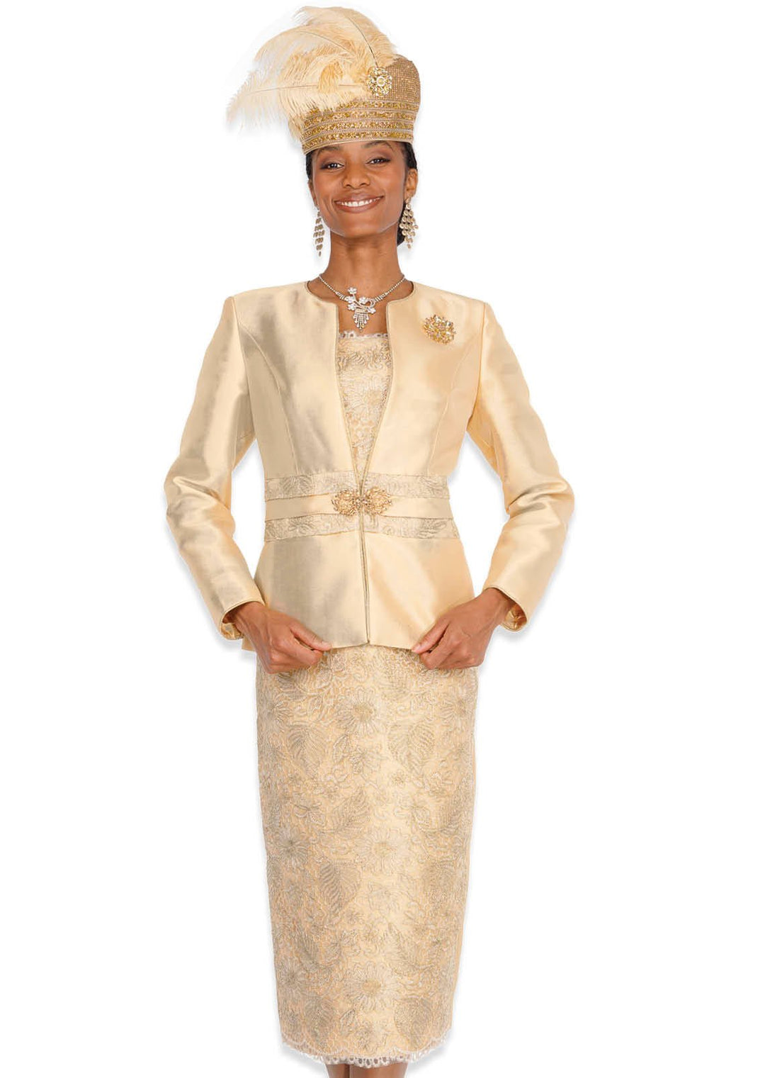Elite Champagne 6157 Gold Three - Piece Skirt Suit with Lace Brocade and Rhinestone Cami - Especially Yours