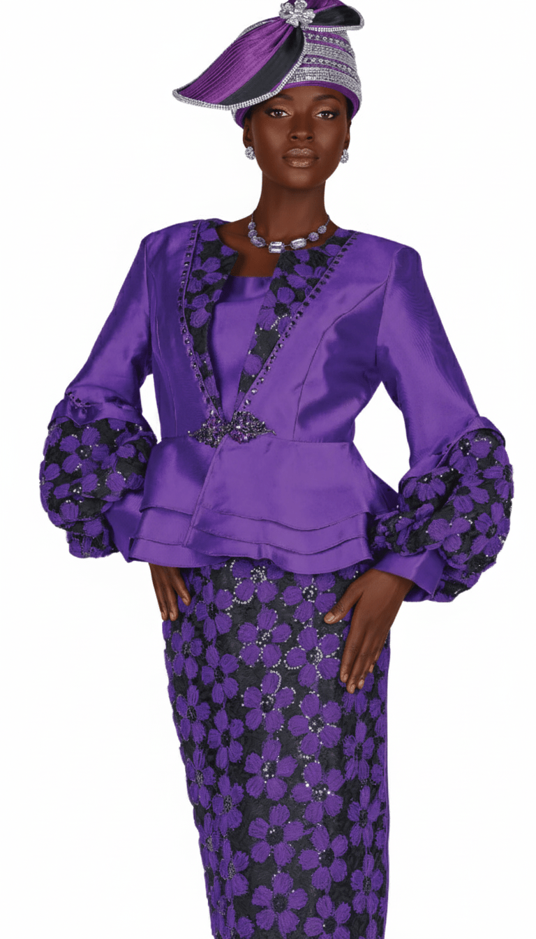 Elite Champagne 6158 - PU Women's Purple Floral Skirt Suit with Peplum Jacket - Especially Yours