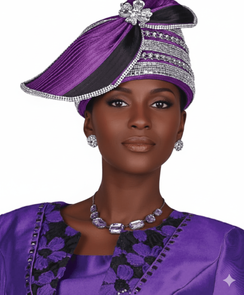 Elegant Purple Wide Brim Church Hat with Exquisite Embellishments - Especially Yours