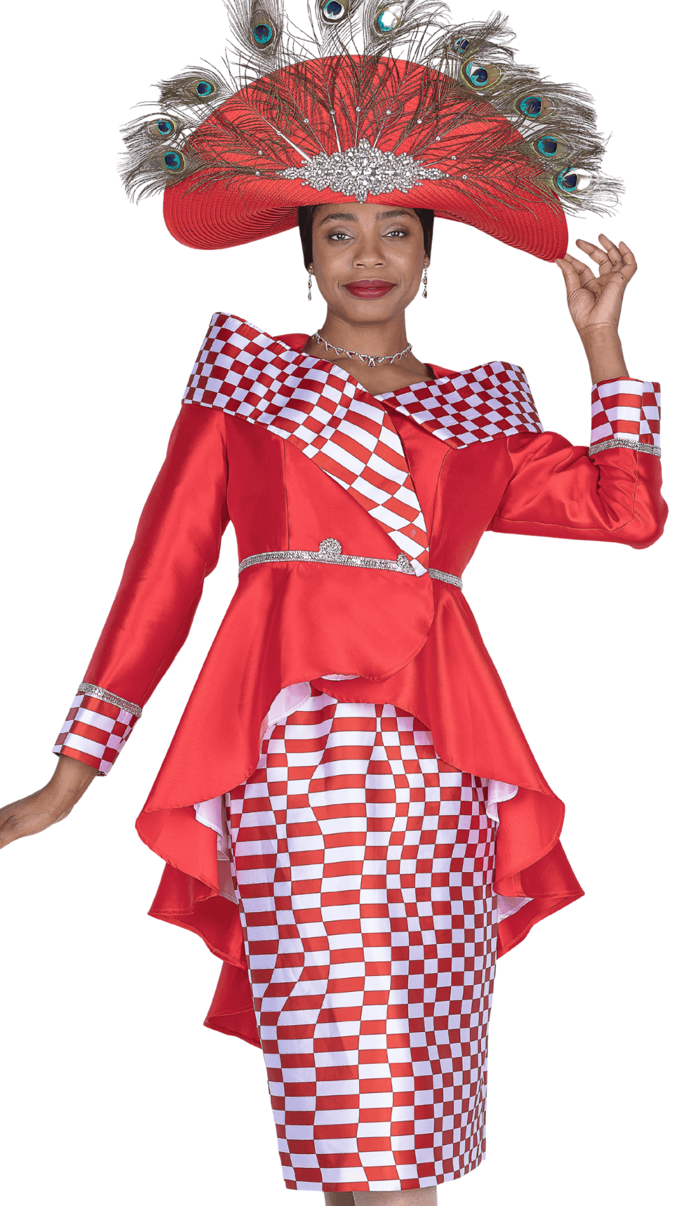 Chic Elite Champagne Red Checkered Skirt Suit with Dazzling Rhinestones - Especially Yours