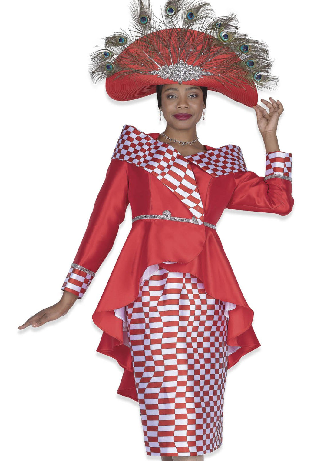 Chic Elite Champagne Red Checkered Skirt Suit with Dazzling Rhinestones - Especially Yours