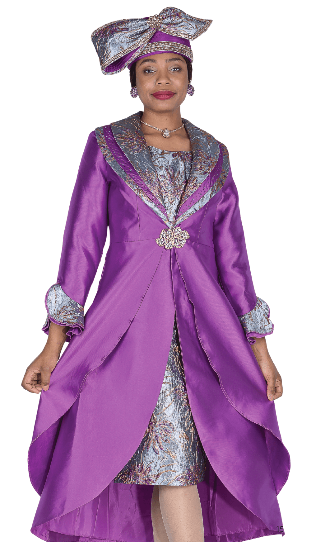 Elite Champagne 6160 - PU Purple Brocade Duster Dress Suit with Shawl Collar - Especially Yours