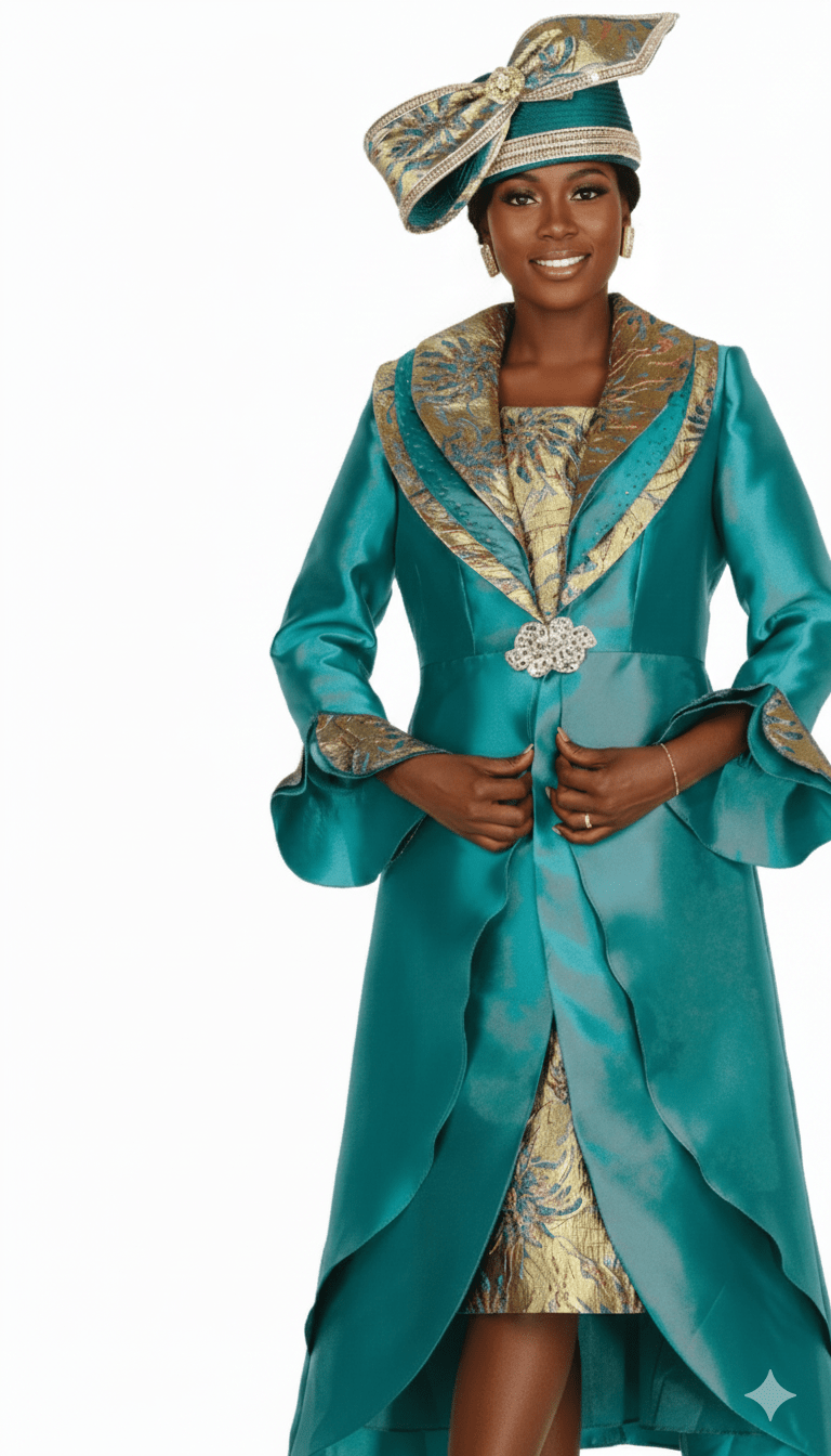 Elegant Elite Champagne 6160 - GN Green Brocade Duster & Sleeveless Dress Suit - Especially Yours
