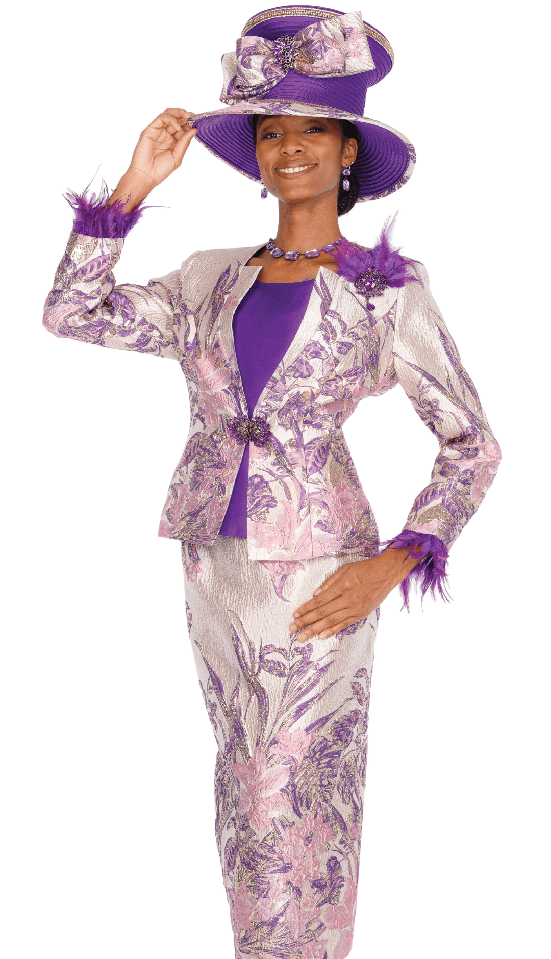 Elegant Elite Champagne 6161 Purple Floral Skirt Suit with Feather Trim - Especially Yours