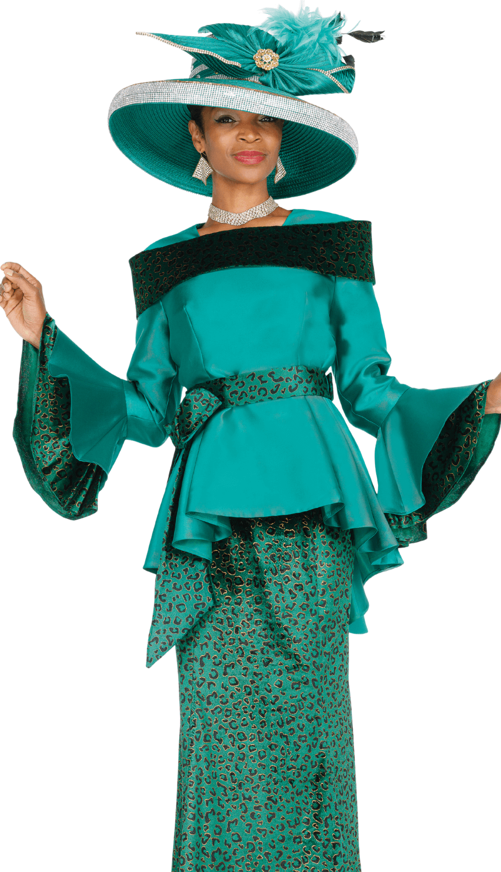 Elite Champagne 6167 Green Animal Print Skirt Suit with Peplum, Flare Sleeves and Sash Belt - Especially Yours