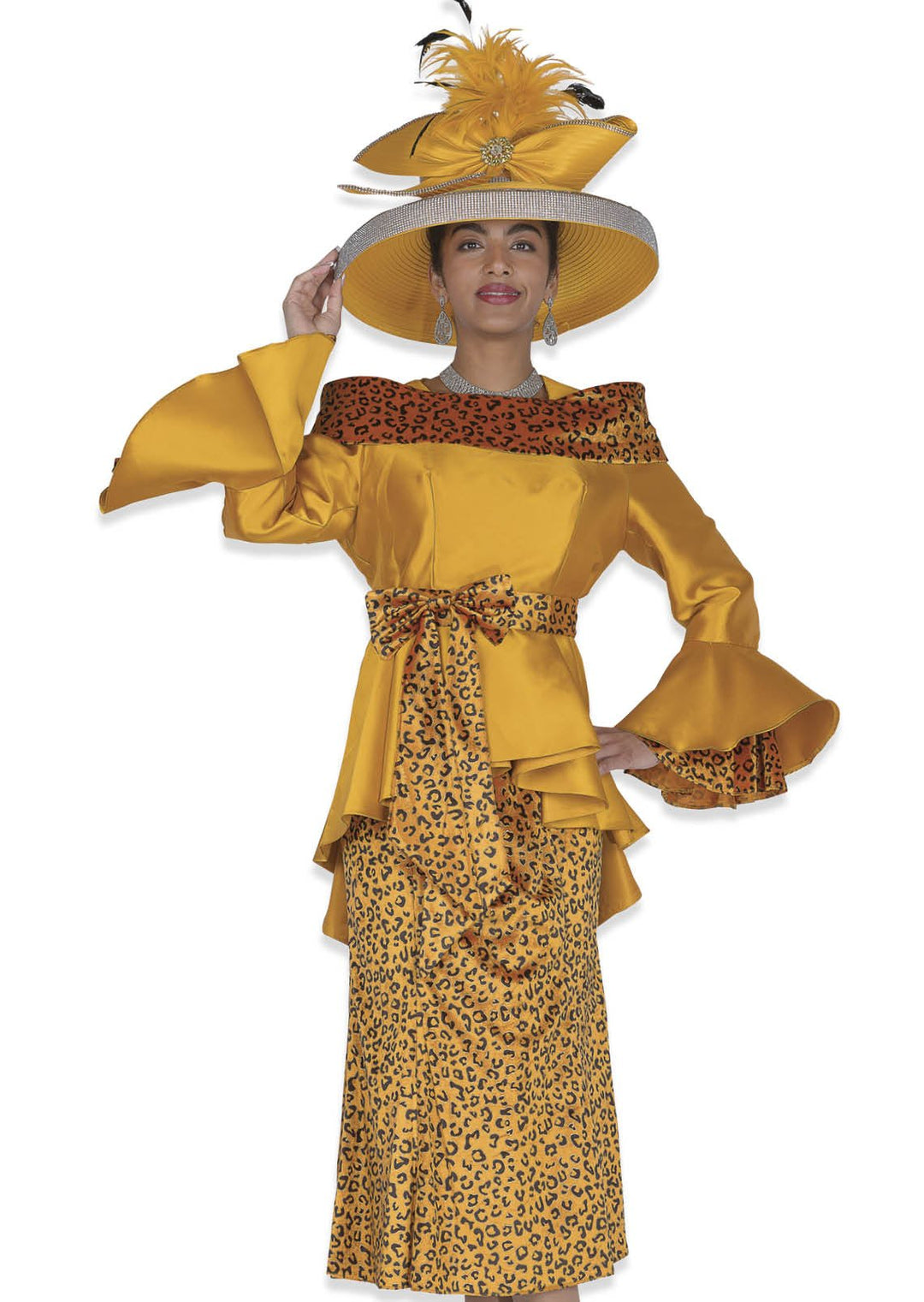 Elite Champagne 6167 Gold Animal Print Skirt Suit: Peplum, Portrait Collar, Flare Sleeves - Especially Yours