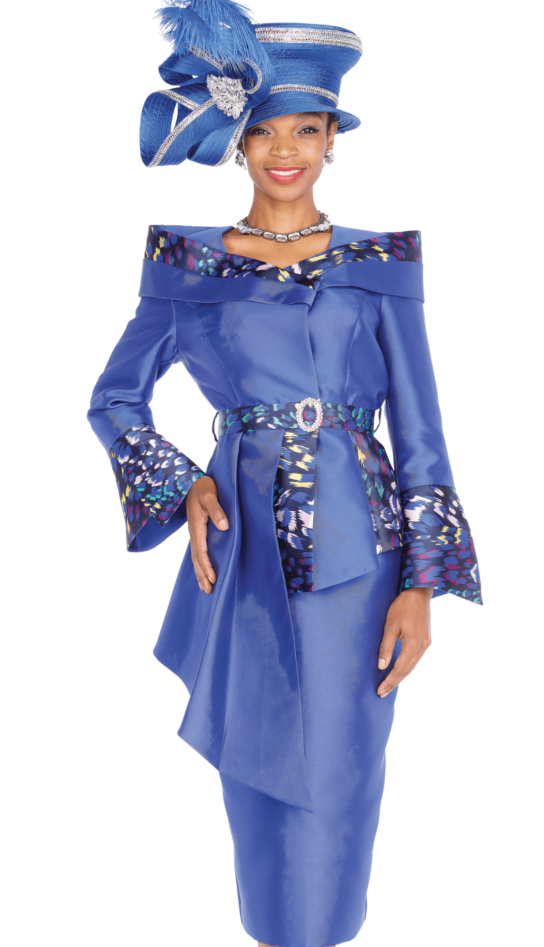 Elegant Elite Champagne 6168 - RY Royal Skirt Suit with Peplum and Print Trim - Especially Yours
