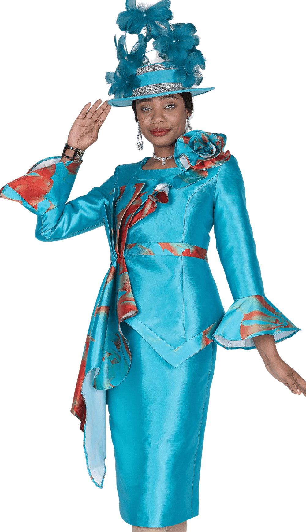 Elegant Teal Peplum Skirt Suit with Floral Trim and Brooch - Especially Yours