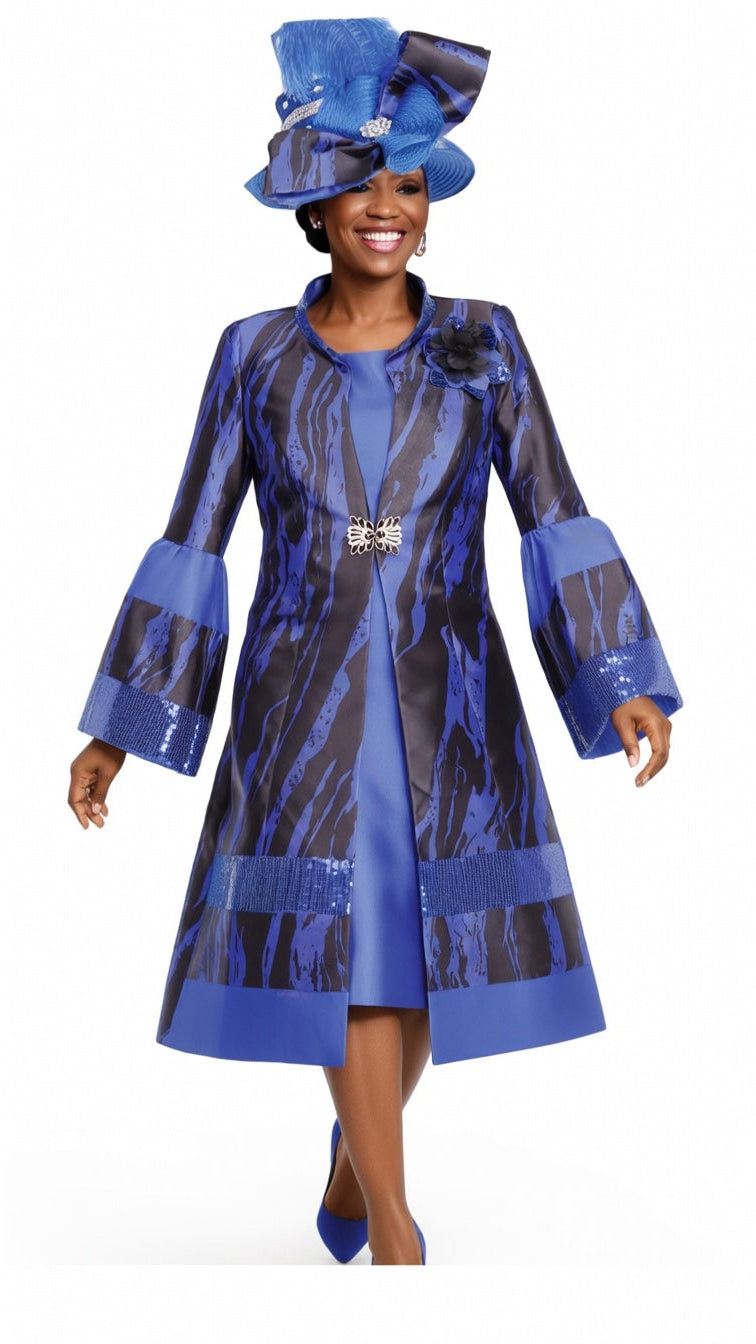 Elite Champagne 6170-RY Royal Print Duster Shift Dress Set with Sequin Trim