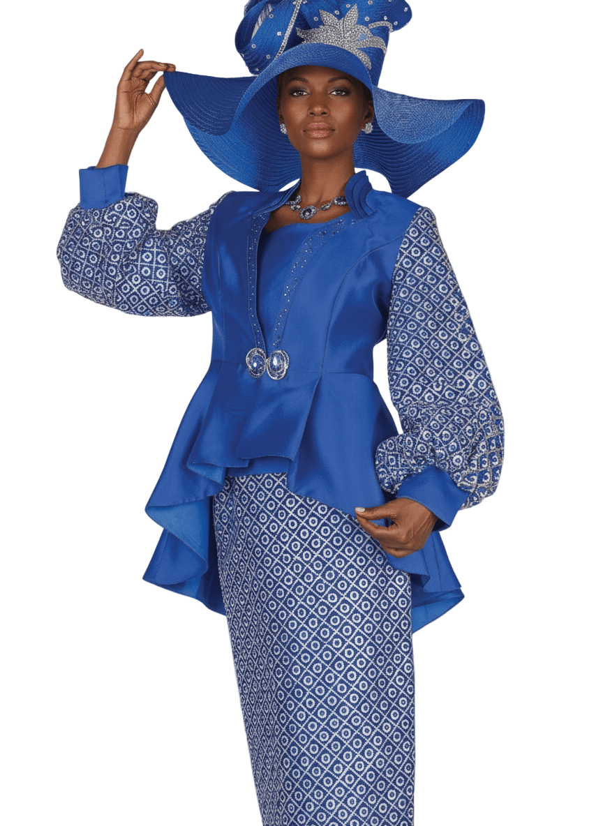 Champagne Italy 6202 Blue Diamond Pattern Skirt Suit with Sparkle Trim Cami - Especially Yours