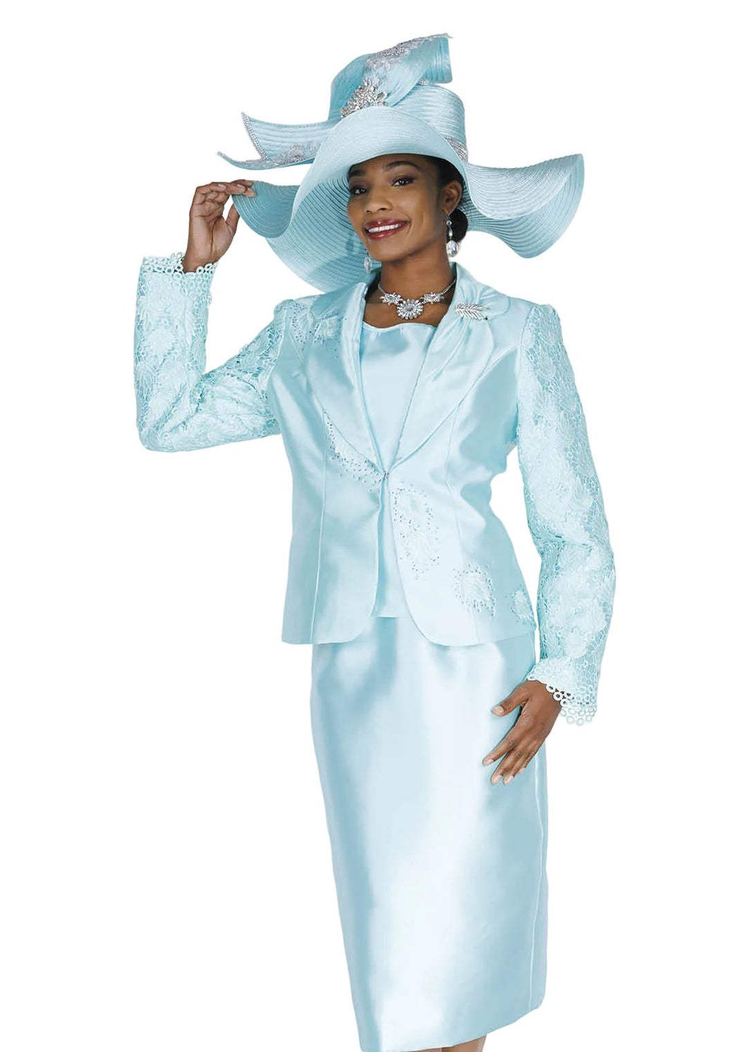 Champagne Italy 6204 Elegant Three - Piece Skirt Suit with Embellished Lace Sleeves - Especially Yours