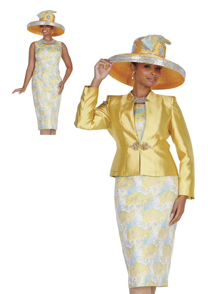Elegant Gold Brocade Dress Suit with Rhinestone Clasp Jacket for Women - Especially Yours