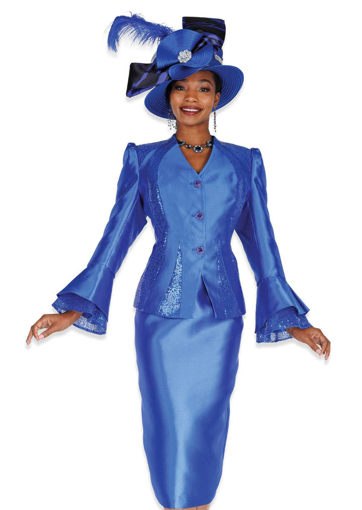 Dazzling Royal Blue Peplum Skirt Suit with Sequin Bow & Trim - Especially Yours
