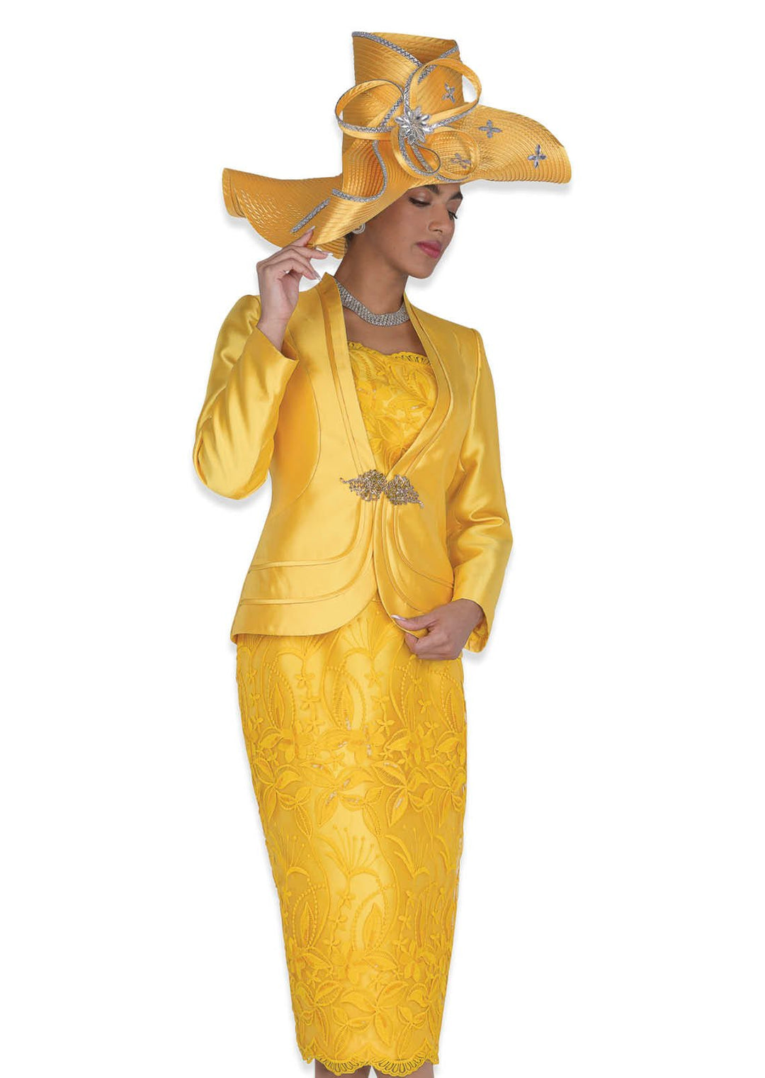 Women’s Gold 3 - Piece Church Suit - Floral Lace Dress, Satin Jacket - 6213 - Especially Yours