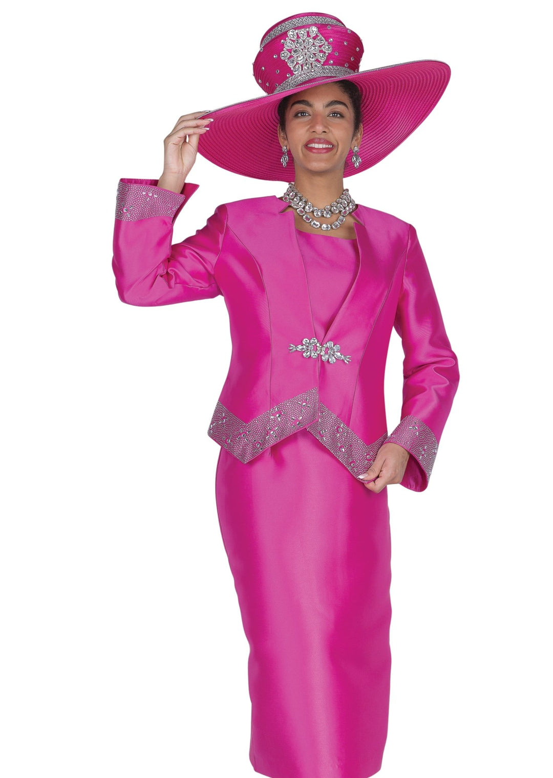Elegant Fuchsia Three - Piece Skirt Suit with Dazzling Rhinestone Trim & Clasp - Especially Yours