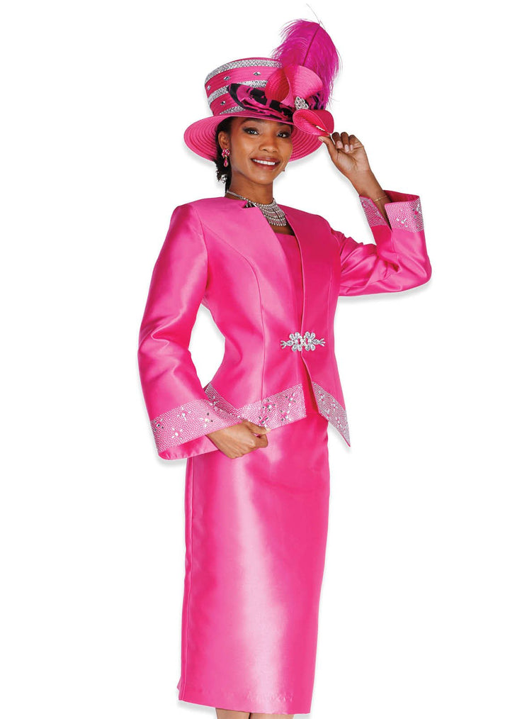 Elegant Fuchsia Three - Piece Skirt Suit with Dazzling Rhinestone Trim & Clasp - Especially Yours