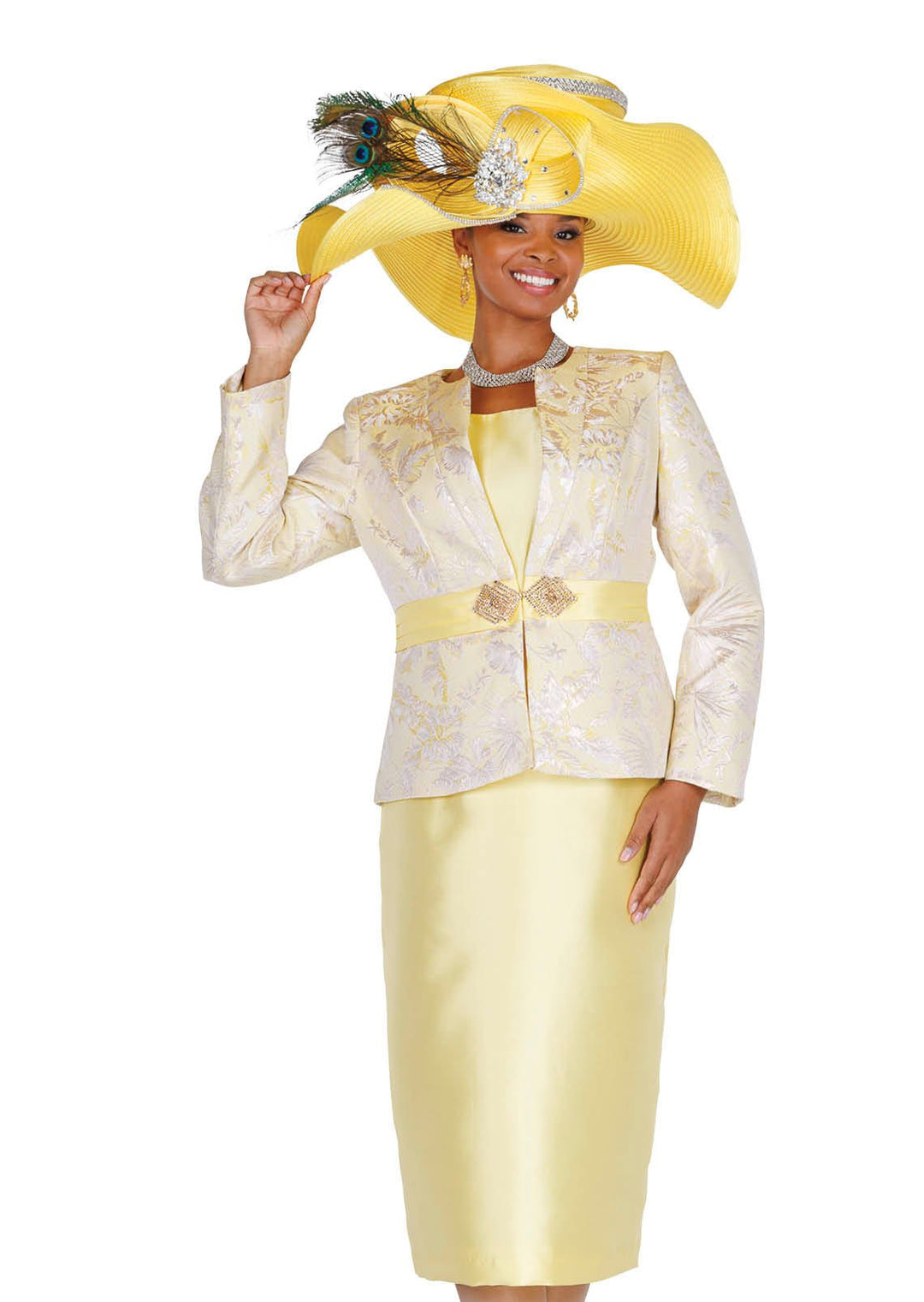 Gold Floral Brocade 2 - Piece Skirt Suit with Rhinestone Waist Clasp - 6217 - Especially Yours