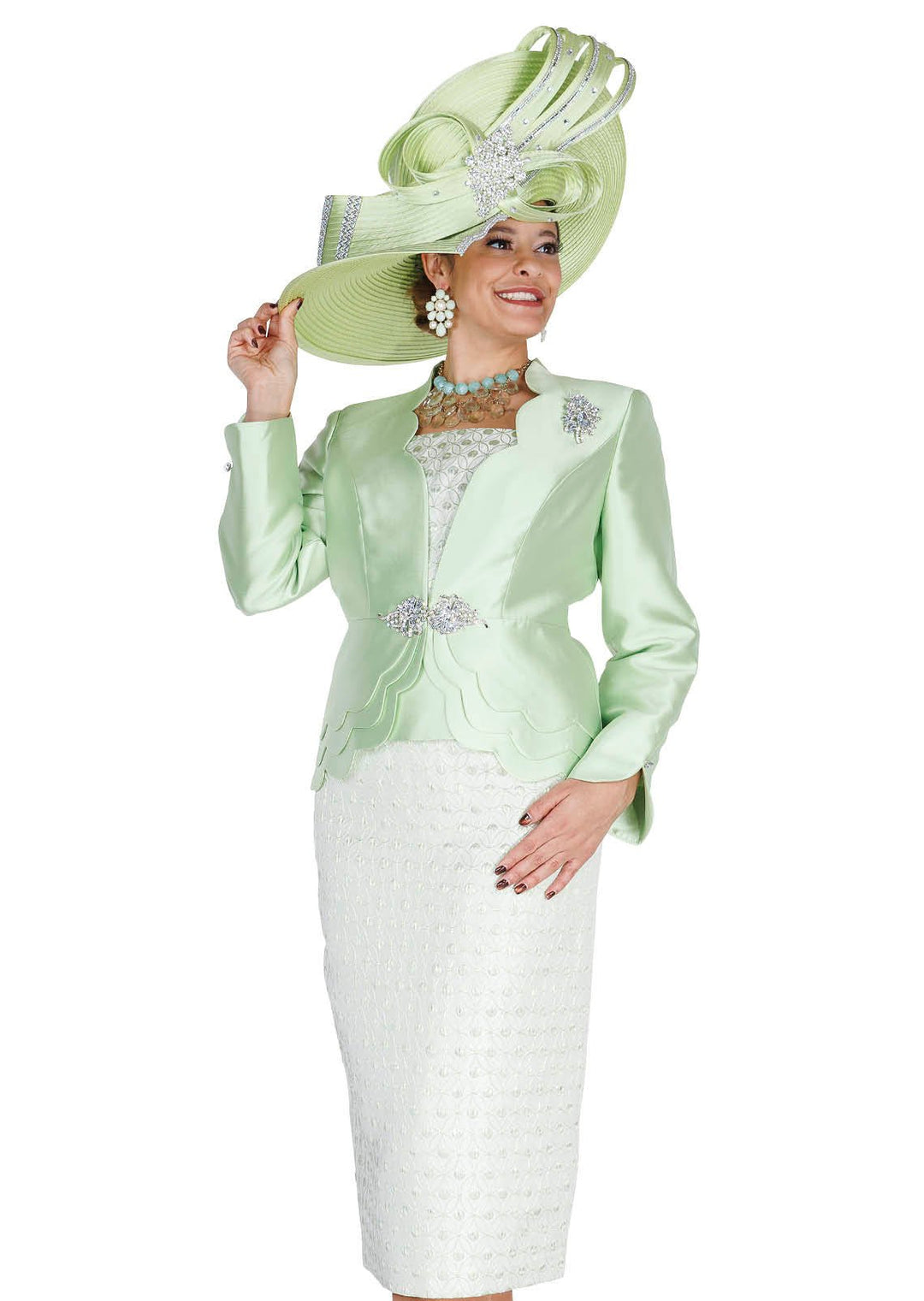 Mint & Silver 3 - Piece Skirt Suit with Scalloped Peplum Jacket and Brocade Skirt - 6218 - Especially Yours