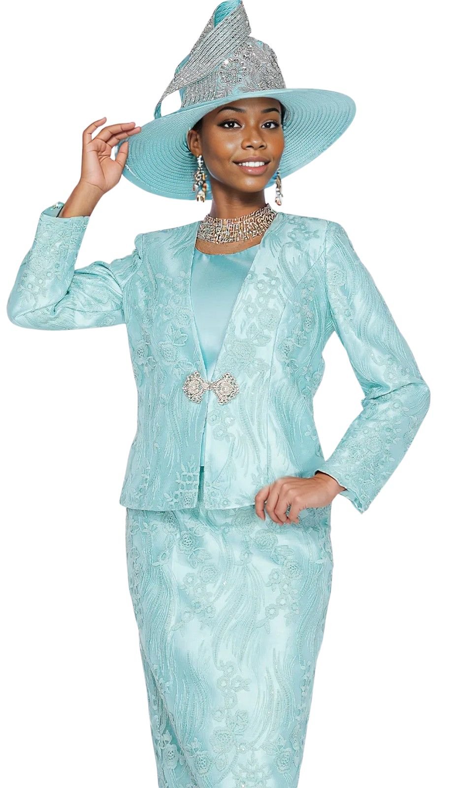 Elegant Three - Piece Floral Brocade Skirt Suit with Rhinestone Clasp - Especially Yours