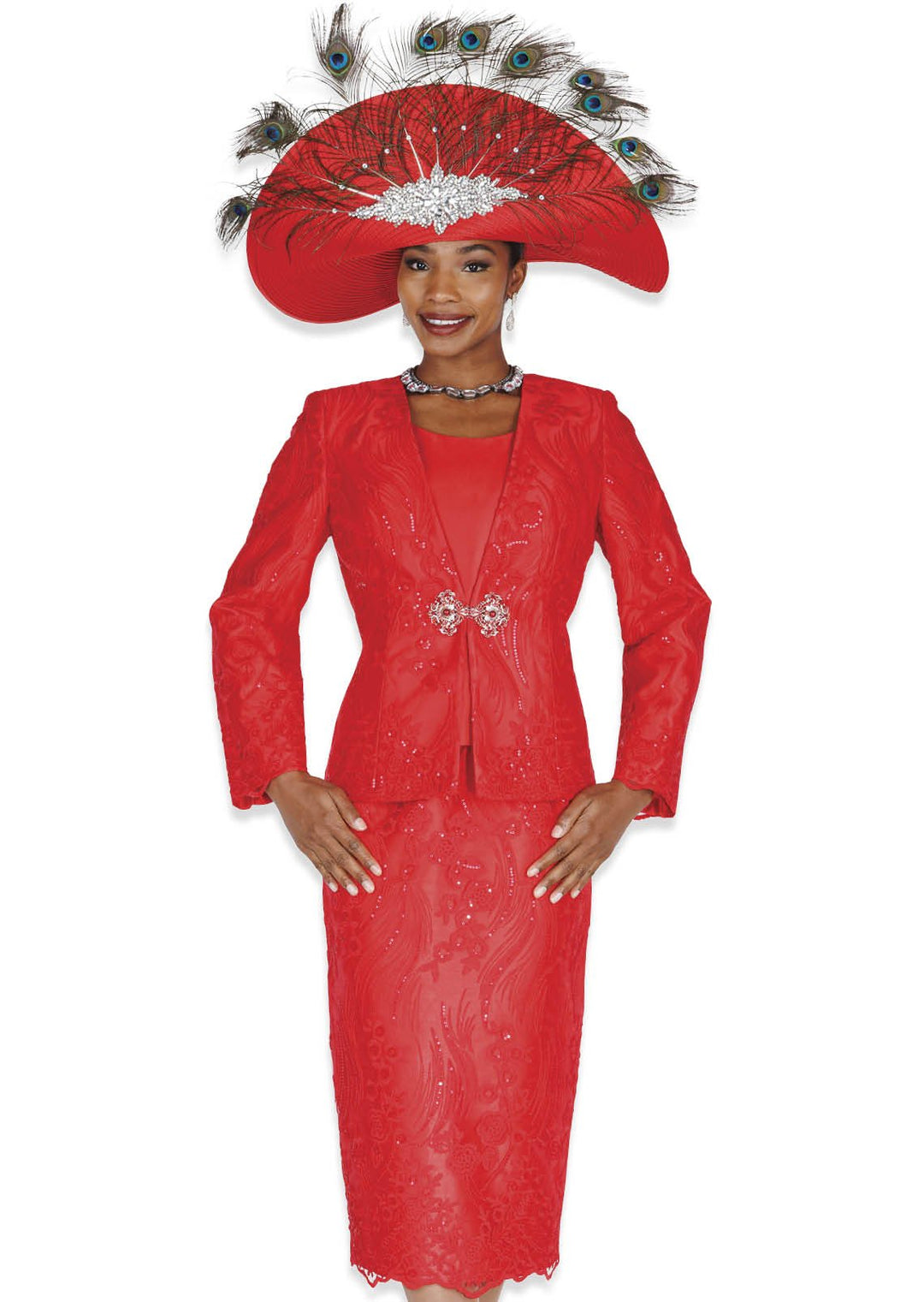 Elegant Three - Piece Floral Brocade Skirt Suit with Rhinestone Clasp - Especially Yours