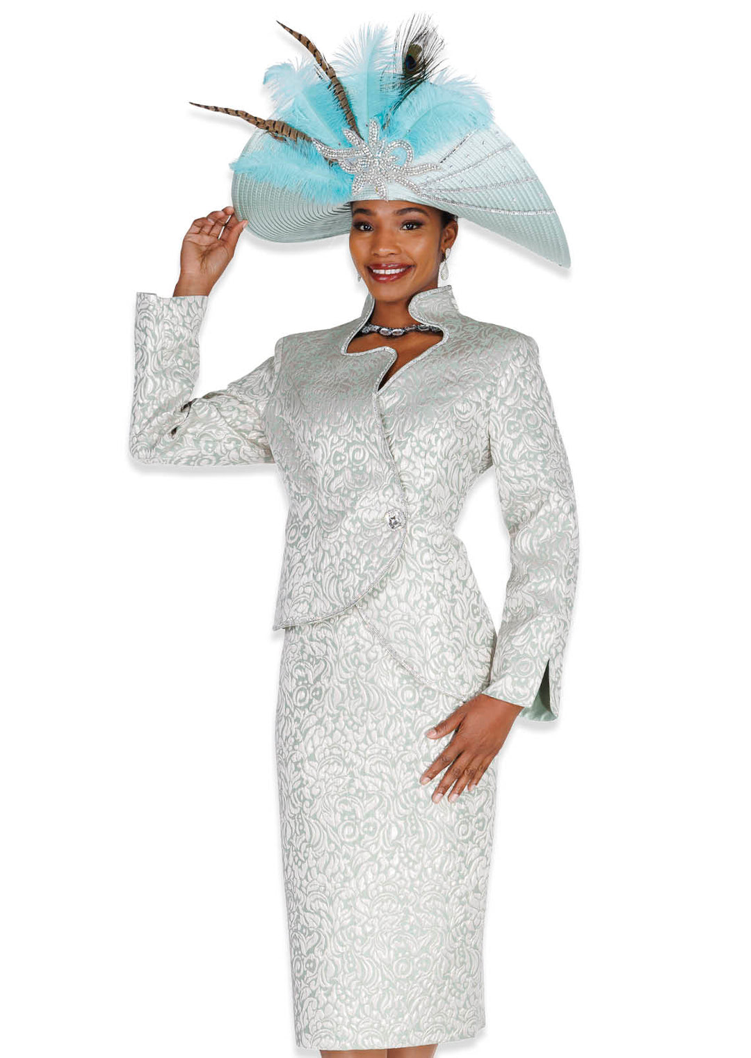 Elegant Metallic Pattern Skirt Suit with Rhinestone Button - Asymmetrical Jacket - Especially Yours