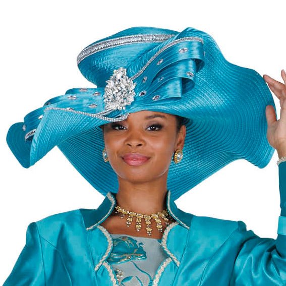 Champagne Italy Elegant Turquoise Wide Brim Church Hat with Rhinestone Brooch - Especially Yours