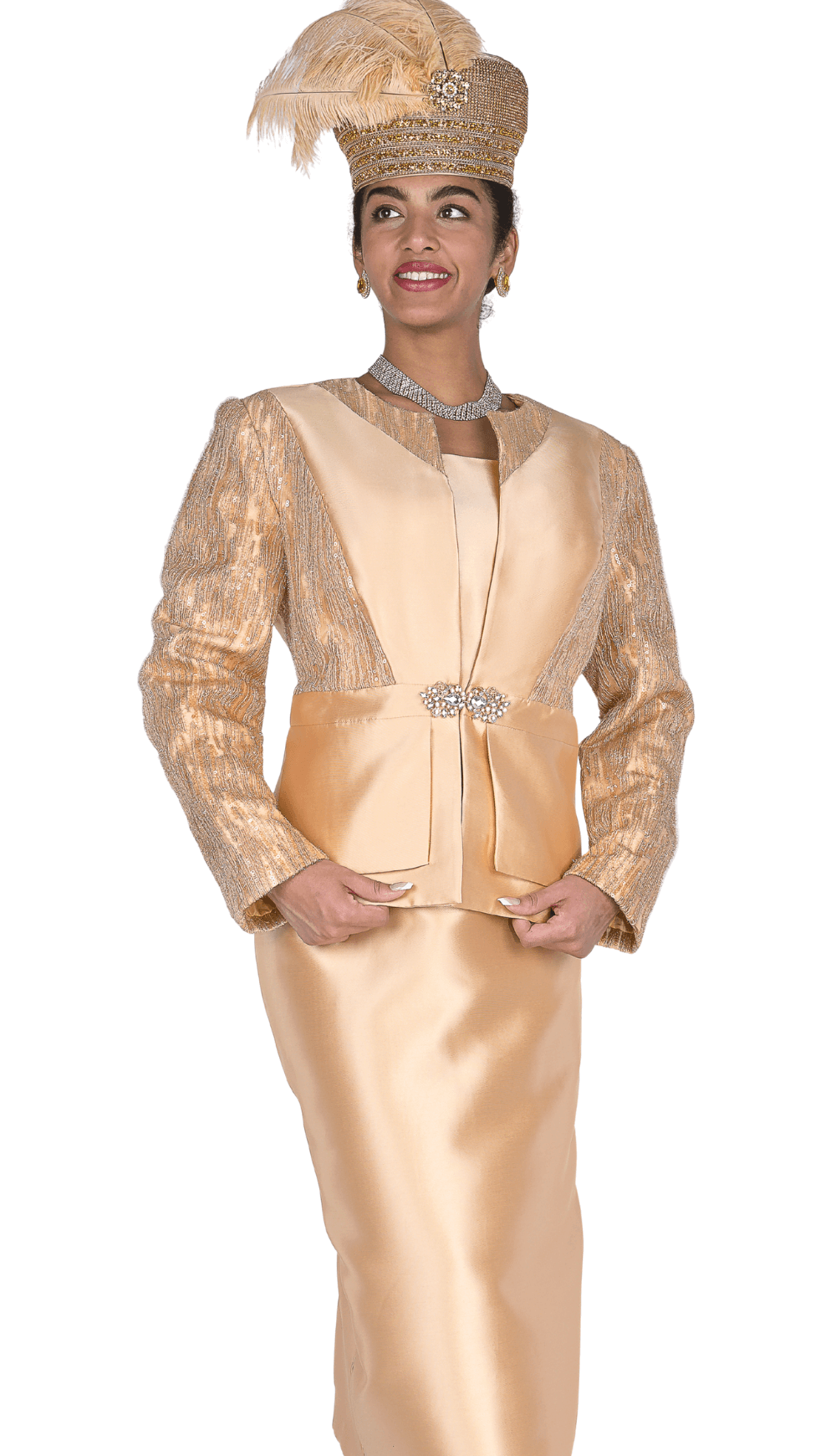 Elegant Elite Champagne 6257 Three - Piece Skirt Suit with Rhinestone Clasp - Especially Yours
