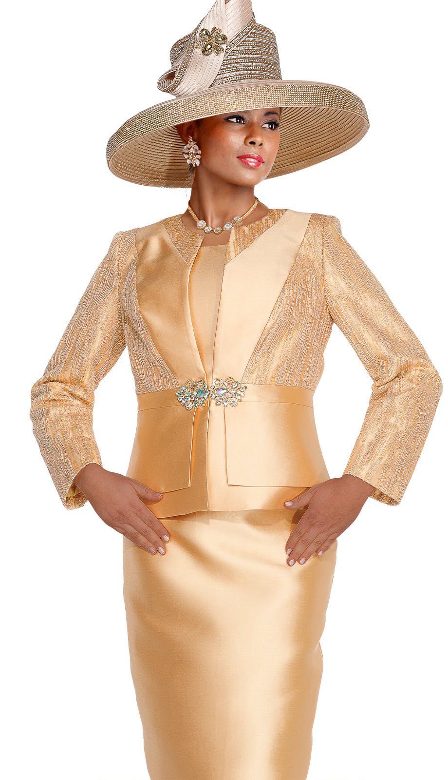 Elegant Elite Champagne 6257 Three - Piece Skirt Suit with Rhinestone Clasp - Especially Yours