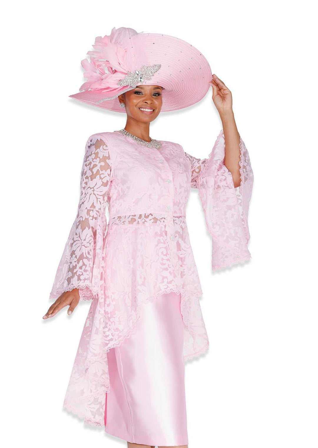 Elegant Pink Lace 2 - Piece Church Suit – High - Low Peplum Tunic and Satin Skir - Especially Yours