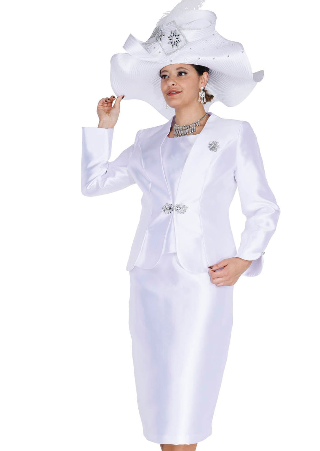 Elegant White Three - Piece Skirt Suit with Rhinestone Brooch for Women - Especially Yours