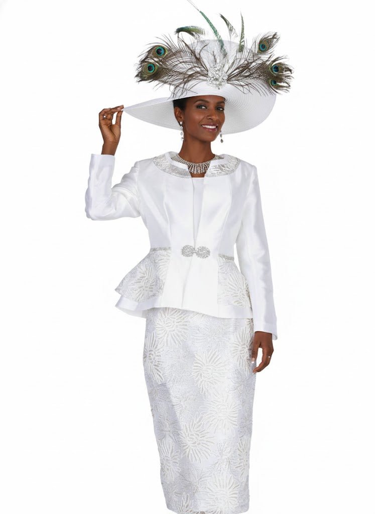 Elegant White Metallic Three - Piece Skirt Suit with Rhinestone Cami - Especially Yours