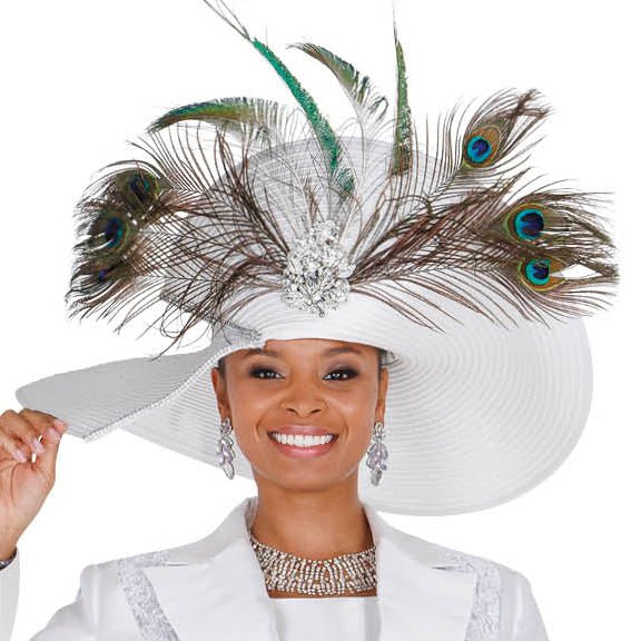 Champagne Italy White Wide - Brim Church Hat with Peacock Feather Accents H6266 - Especially Yours