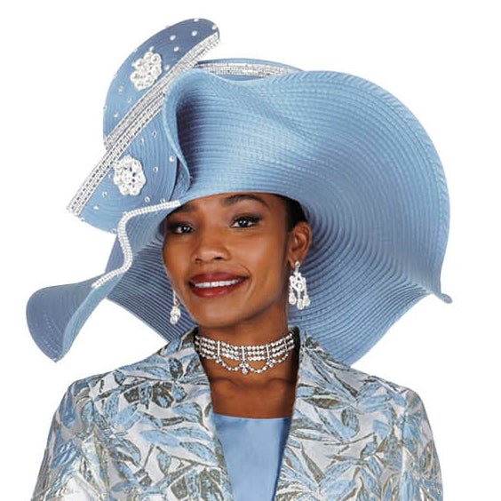 Champagne Italy Dusty Blue Wide Brim Church Hat with Rhinestone Floral Accents H6268 - Especially Yours