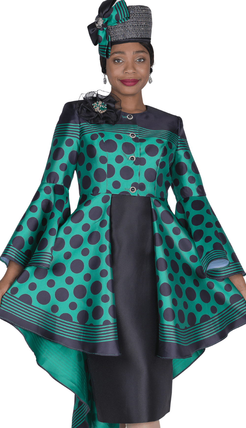 Elegant Polka Dot High - Low Peplum Dress with Flare Sleeves & Brooch - Especially Yours