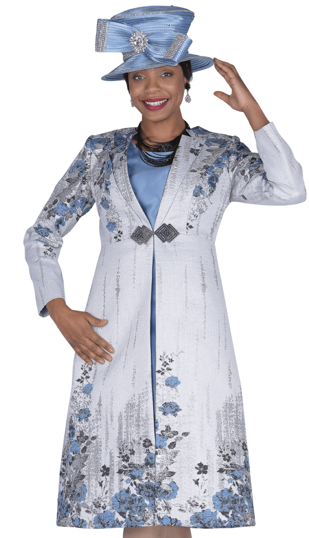 Elegant Champagne Italy Floral Duster Solid Dress Two - Piece Set Blue - Especially Yours