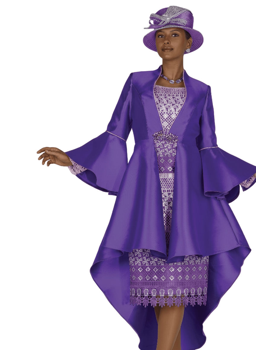 Elegant Purple Lacy Brocade Dress with High - Low Peplum Jacket Flare Sleeves - Especially Yours