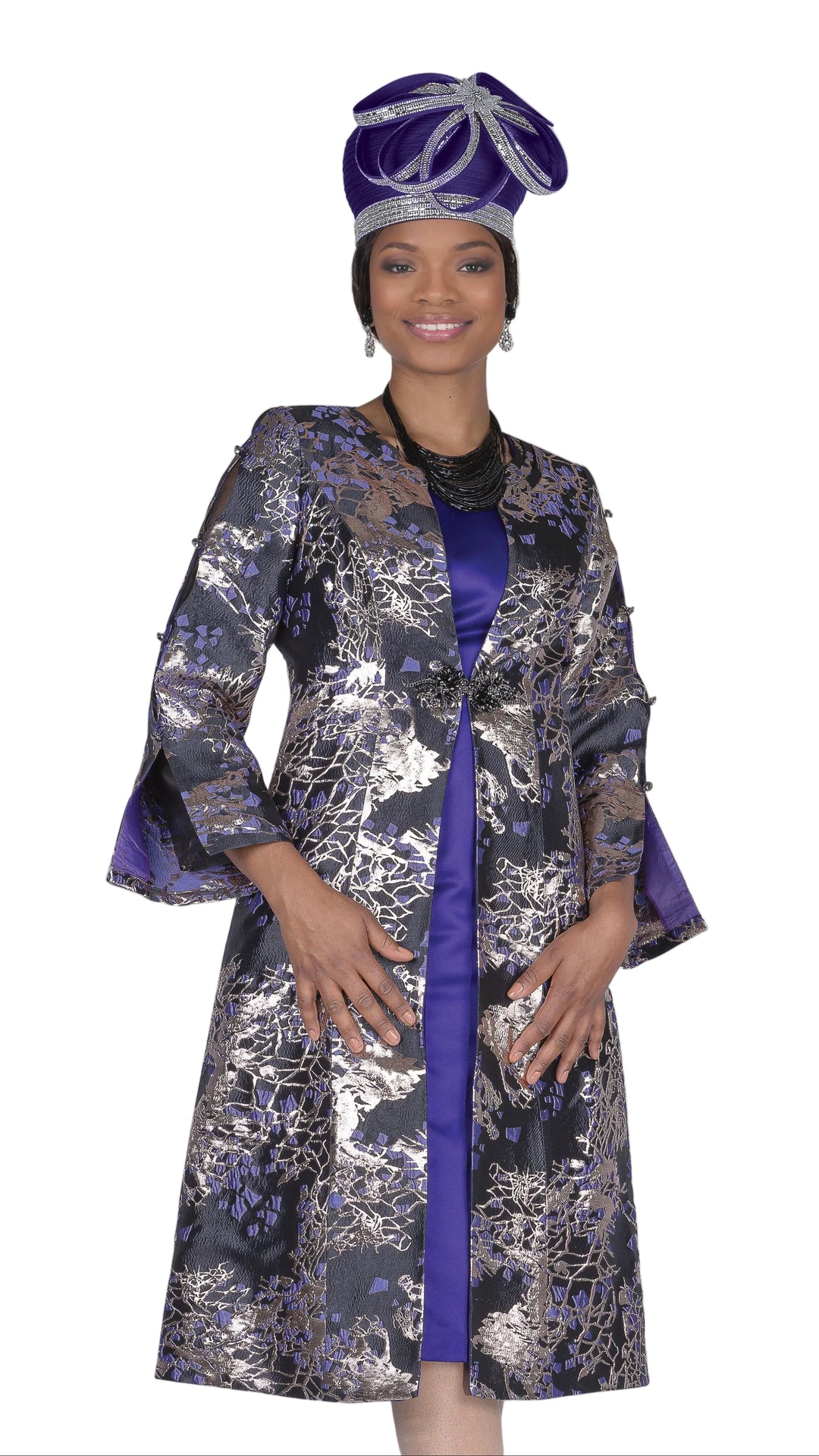 Champagne Italy 6311 Purple Metallic Brocade Duster Dress Suit
