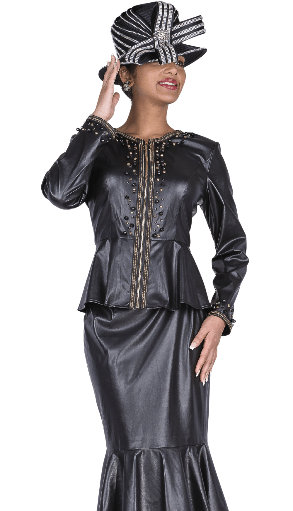 Elegant Black Faux Leather Peplum Skirt Suit Beaded Mermaid Design - Especially Yours