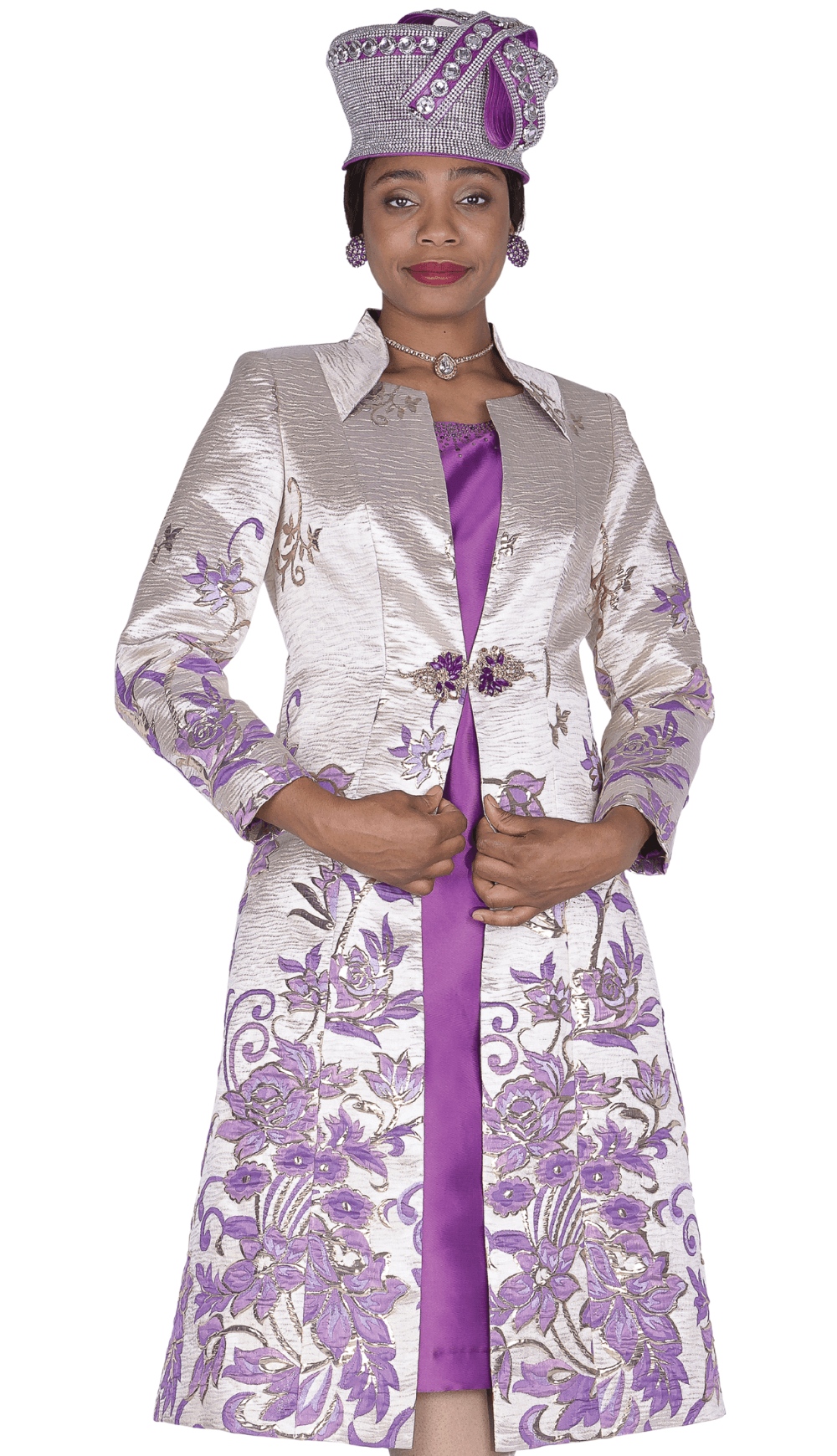Elegant Women's Purple Floral Brocade Duster Dress Set Rhinestone Clasp - Especially Yours