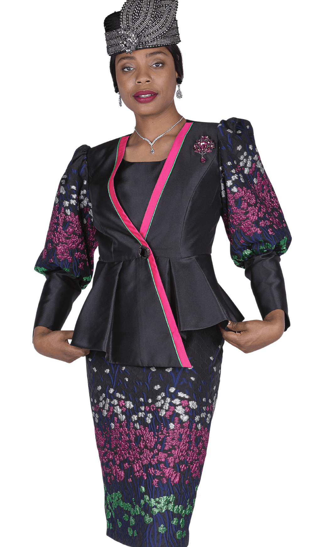 Elite Champagne Floral Peplum Three-Piece Suit with Cami and Brooch - Especially Yours