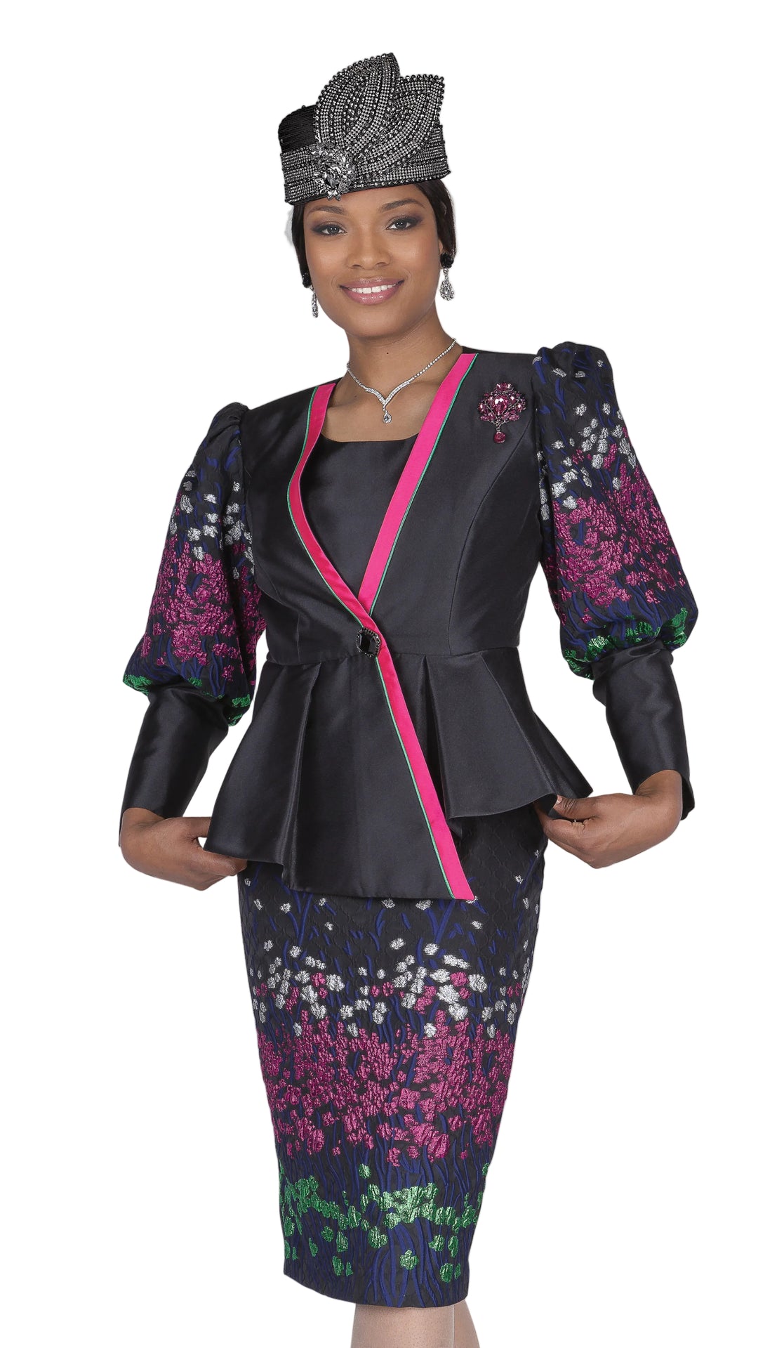Elite Champagne Floral Peplum Three-Piece Suit with Cami and Brooch