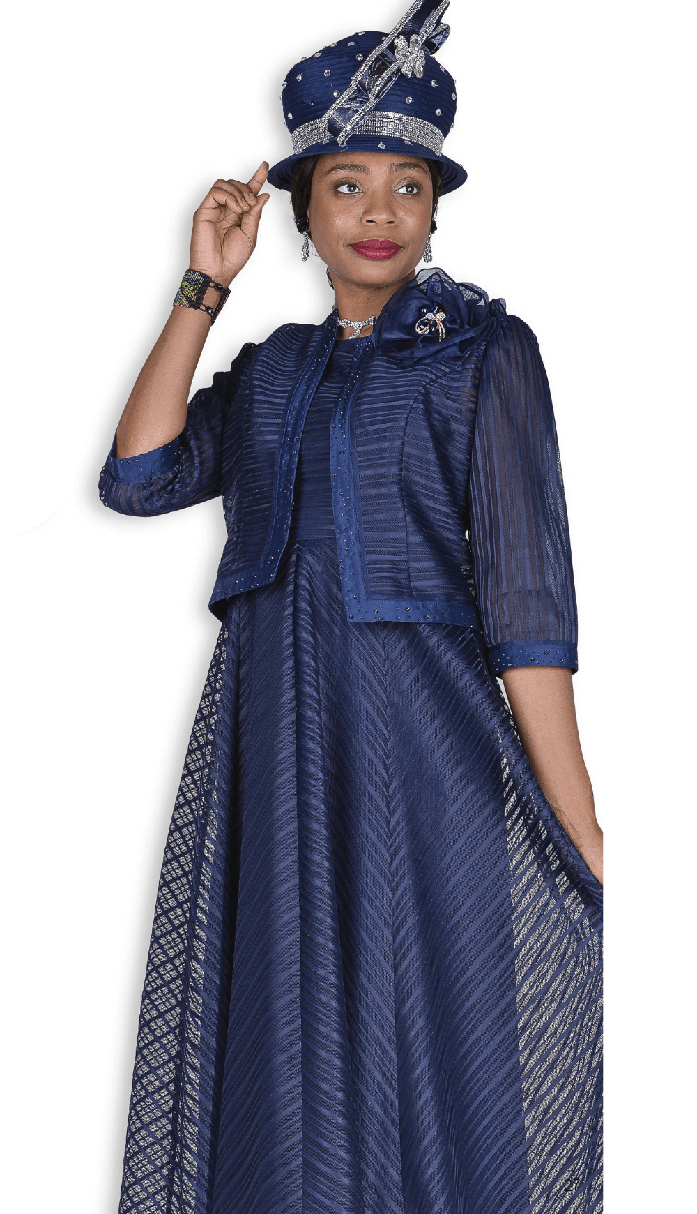 Elegant Navy Flowy Midi Dress with Matching Jacket & Flower Brooch - Especially Yours