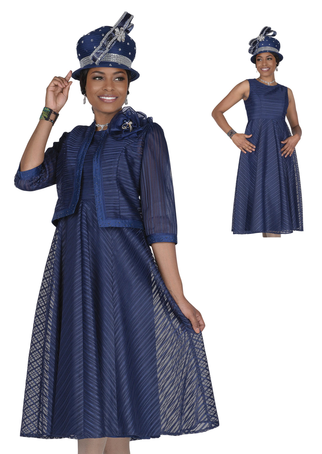 Elegant Navy Flowy Midi Dress with Matching Jacket & Flower Brooch